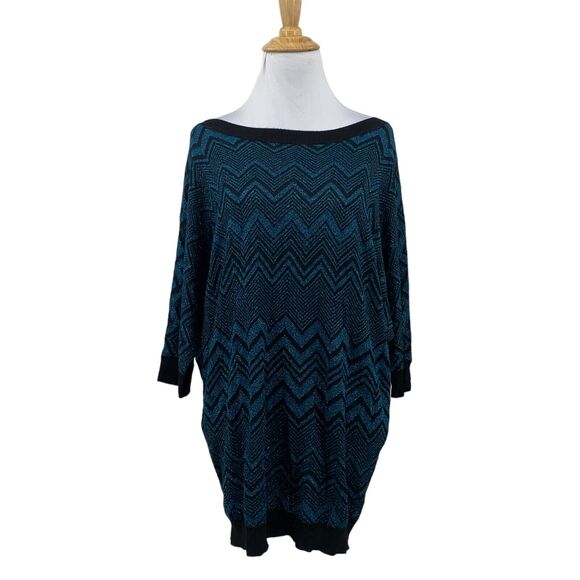 Express Sweater Women L Blue Black Chevron Knit Boat Neck Dolman Sleeve Pullover - Picture 1 of 12